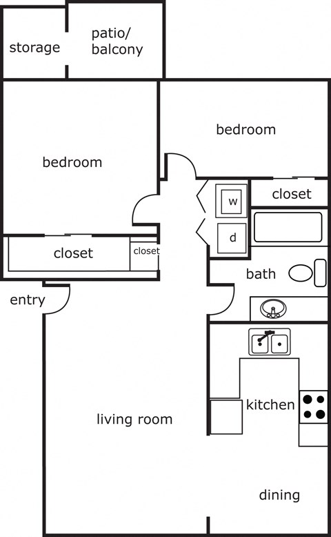 Floor plan for 2 beds, 1 bath, 800 sqft